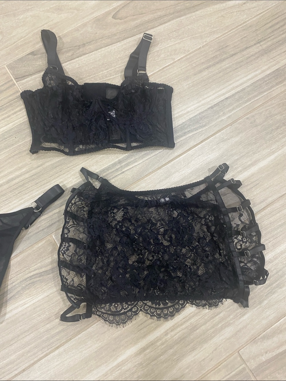 Sheer Black Lace Lingerie Set – Bralette, Thong & Lace Garter Skirt - Picture 2 of 2